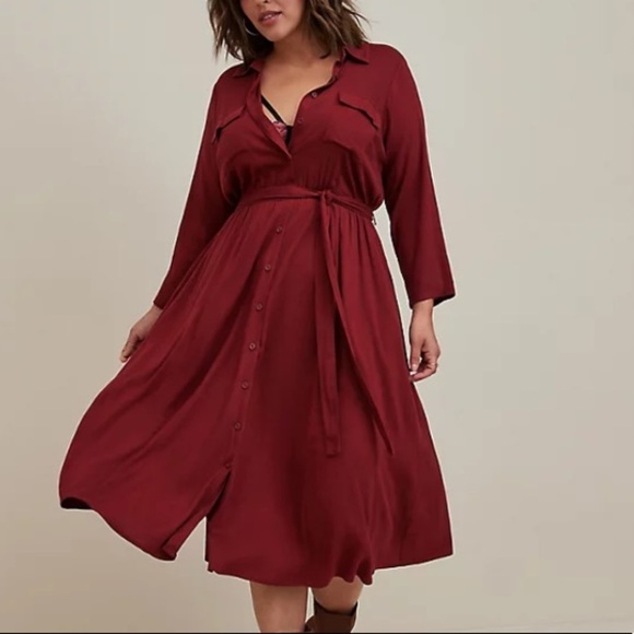 TORRID NWT MIDI RAYON SLUB BELTED SHIRTDRESS - Picture 1 of 7